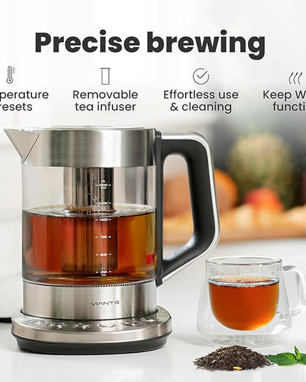 Vianté Electric Kettle With Infuser For Loose Leaf. Hot Tea Maker With Temperature Control And Automatic Shut Off. Tea Kettle With Brewing Programs. 1.5 Liters Capacity