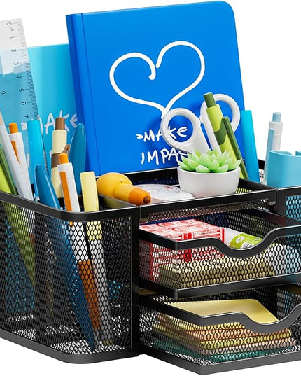 Marbrasse Mesh Desk Organizer, Pen Organizer with 2 Drawer, Multi-Functional Pencil Holder, Desk Organizers and Accessories with 5 Compartments + Drawer for Office Art Supplies (Black)