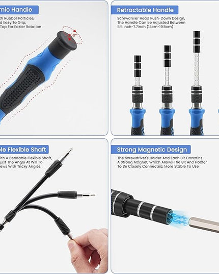 Precision Screwdriver Set, 168 Pcs Small Screwdriver Set with Ergonomic & Retractable Handle, Flexible Shaft, Strong Magnetic Design for iPhone, MacBook, Laptop, PC, Game Console