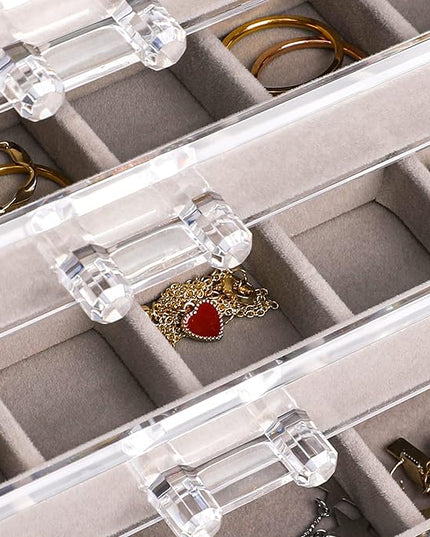 Frebeauty Acrylic Jewelry Organizer Earring Organizer Box with 5 Drawers Earring Holder Organizer with Velvet Trays Clear Jewelry Box for Women Earring Display for Rings Studs(Grey)