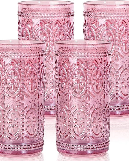 Drinking Highball Beverage Glass Cup, Vintage Drinking Glasses, Colored Glassware Set for Party Wedding Home Office Gift, Set of 4 ,Pink