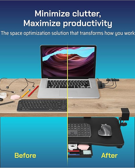 Keyboard Tray | Under Desk Keyboard Tray Slide Out w/Adjustable C-Clamps for Desks Up to 1.5-Inch-Thick | Clamp On Drawer with 1x USB-C to 4 USB-A Hub and 1x Five-Cable Management Organizer