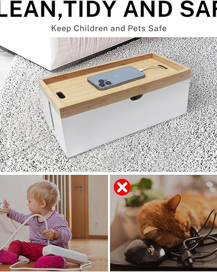 Bamboo Cable Management Box, Large Cord Organizer Box Cable Box to Hide Wires & Power Strips for Desktop Storage Cord Holder for Office Home,No Assembley Required