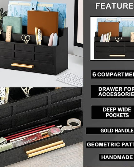 dreampossible Black Wood Desk Organizer and Accessories with Drawer, Bill Mail Organizer and File Mail Holder for Office Supplies, Rustic Desk Accessories & Workspace Organizers for Desk Organization