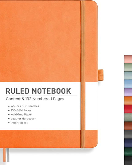RETTACY Lined Journal Notebook, 192 Numbered Pages, A5 Medium Size (5.7'' x 8.3''), for Men & Women, Journaling, Writing, Work & Office, Leather Hardcover, 100 GSM Thick Paper (Orange)