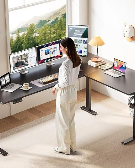 Casaottima 71 Inch Reversible Electric L Shaped Standing Desk, Height Adjustable Corner Stand up Desk, Ergonomic Large Lift Table for Home, Office, Workstation, Reception Room, Black