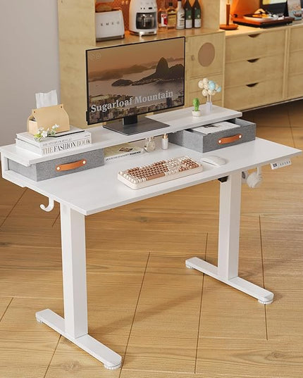Claiks Electric Standing Desk with 2 Drawers, Adjustable Standing Desks with Storage, Height Adjustable Stand up Desk for Home Office with 2 Hooks,48 Inch White