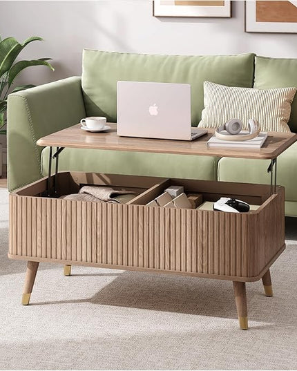 JOINICE Lift Top Coffee Table with Storage,Natural Wood Center Table for Living Room, Modern Farmhouse Oak Fluted Design,Pop-Up Desk for Work & Dining