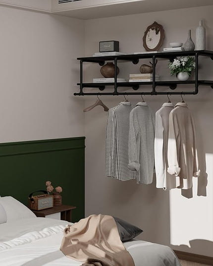 Wall Mounted Clothes Rack 12 Inch Deep, 60 Inch Heavy Duty Garment Rack with Real Black Wood Shelf, Multi-Purpose Hanging Rod & Space-Saving Closet Storage Organizer