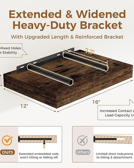 12 Inch Deep Floating Shelves, 16 x 12 Floating Shelf for Books, Rustic Wood Deep Wall Shelves for Home Storage & Display, 2" Thicked Shelves for Kitchen, Living Room, Bedroom, Rustic Brown, 2 Pack