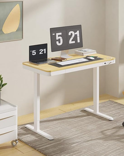 FLEXISPOT Comhar Electric Standing Desk with Drawers Charging USB Port, Height Adjustable 48" Whole-Piece Quick Install Home Office Computer Laptop Table with Storage (Maple Top + White Frame)