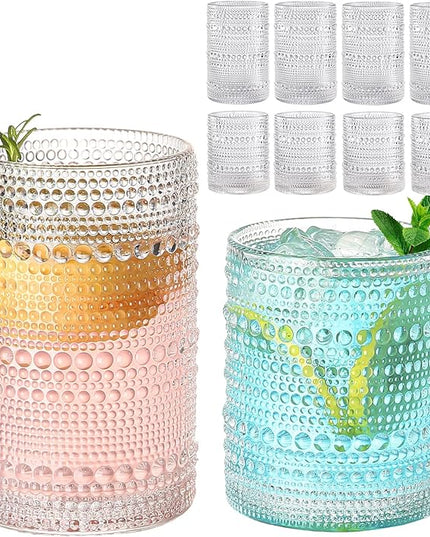 Vintage Hobnail Drinking Glasses Set of 8,Clear 12 oz & 15oz Highball Glass Cups, Kitchen Drinkware Glassware,Embossed Water Tumbler,for Beer,Cocktail,Whiskey,Juice and Various Mixed Drinks