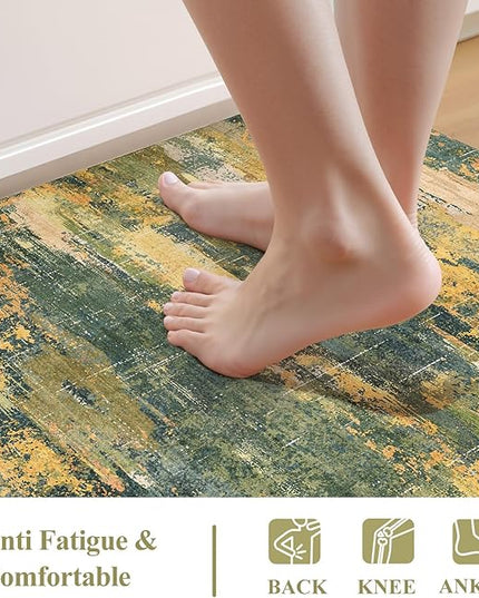 Collive Anti Fatigue Kitchen Rugs Sets of 2, Abstract Non Slip Waterproof Kitchen Mat Modern Runner Rug, Ergonomic Comfort Desk Rugs for Floor, 17"x59"+17"x29" Green/Yellow
