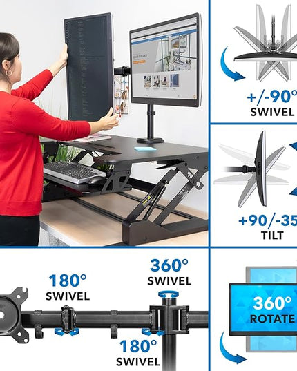 Mount-It! Standing Desk Converter Dual Monitor, 2 Screen Mounts Included, Height Adjustable Desk Riser in Black, Stand Up Desk Convertor Large 36" Wide, Sit Stand Convertor with Manual Lift Gas Spring