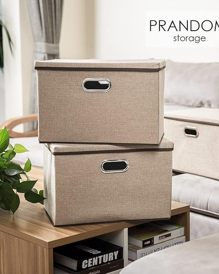 PRANDOM Extra Large Collapsible Storage Bins with Lids [3-Pack] Linen Fabric Foldable Storage Baskets Boxes Organizer Containers Cube with Cover for Bedroom Closet Office Nursery (22.8x15.75x13.8)