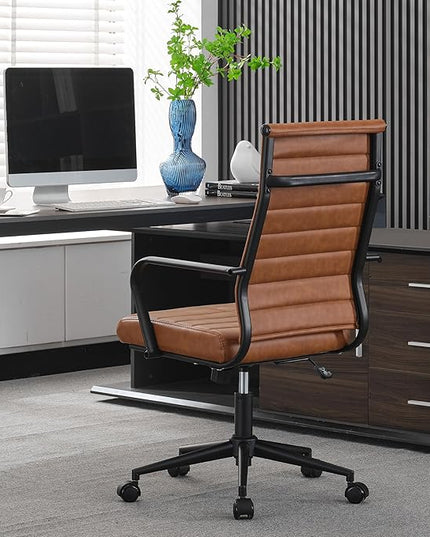 Okeysen Leather Office Desk Chair, Mid-Century Modern Leather Conference Room Chairs, Ergonomic Executive Ribbed Height Adjustable Swivel Rolling Chair for Home Office.