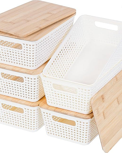 Small Storage Bins with Lids 6 Packs, Plastic Storage Basket with Bamboo Lid for Pantry Organization and Storage Containers for Shelves Drawers Desktop Closet Playroom Office Home, White
