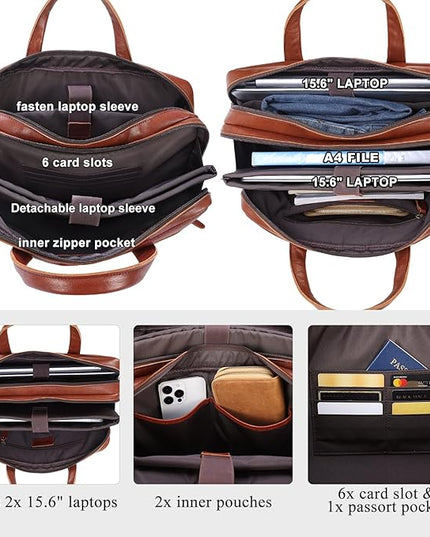 Masa Kawa Leather Briefcase for Men 15.6", 17" Laptop Computer Case Business Travel Work Messenger Cross Body Shoulder Bag