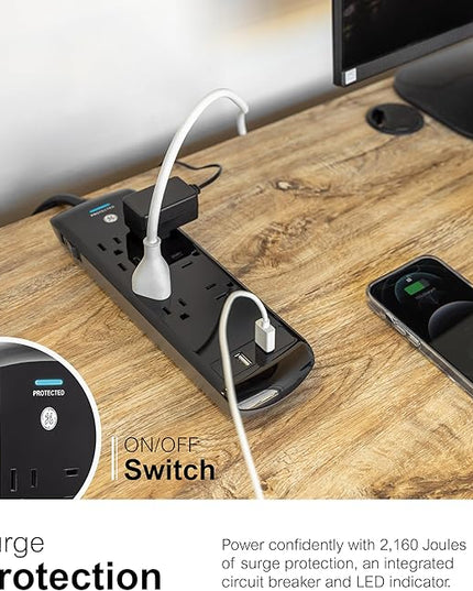 GE 37054 Pro Surge Protector, 7 Outlets + 2 USB, 1780J, 3' Cord, 2.1A, Black