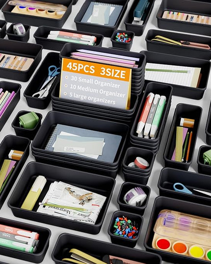 Giklux 45 Pack Desk Drawer Organizer Tray, 3 Sizes Plastic Drawers Organizer Storage for Kitchen, Bathroom, Office, Vanity, Makeup, Utensils, Junk Drawer Organizer Bins, Gadget Trays for Organizing.