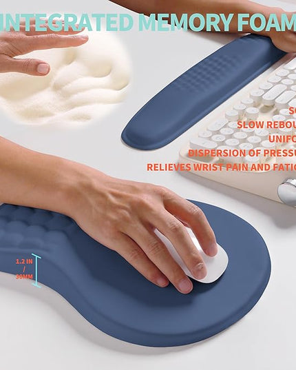 2-in-1 Ergonomic Set, Wave Rise Keyboard Wrist Rest and Massage Bulge Slope Mouse Pad Wrist Support, Cushion Memory Foam Integrated to Relieve Wrist Pain, Dark Blue