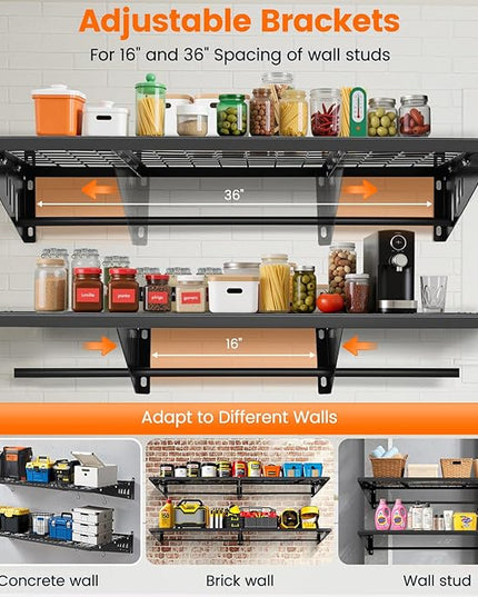 Garage Shelving 2x3ft 4-Pack, Garage Storage Rack 24"x36" Metal Shelves Black Wall Mounted with rods & 6 Hooks, Heavy Duty Wall Shelving Floating Shelves, 1200lbs Total load Capacity