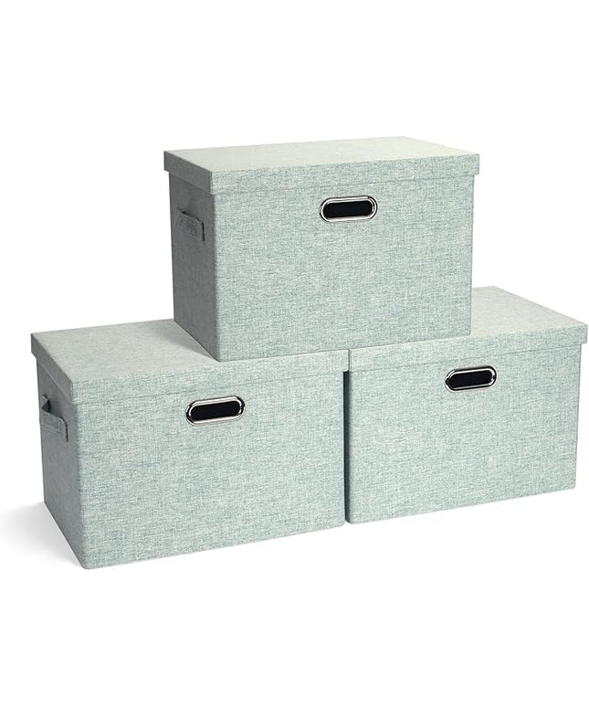 Large 17" 36 Quart Collapsible Stackable Storage Bins with Lids, 3 Packs Light Green Linen Fabric Closet Boxes with Lids, Storage Cube Baskets Container Organizers for Office (17x12x11)
