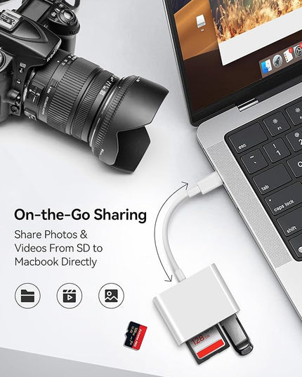 USB C SD Card Reader for iPhone 15 16 iPad Mac 3 in 1 USB-C Memory Trail Camera Card Adapter with Dual Slots & USB Port for Mac MacBook Pro/Air/Mini Android Laptop More USBC Typec Devices