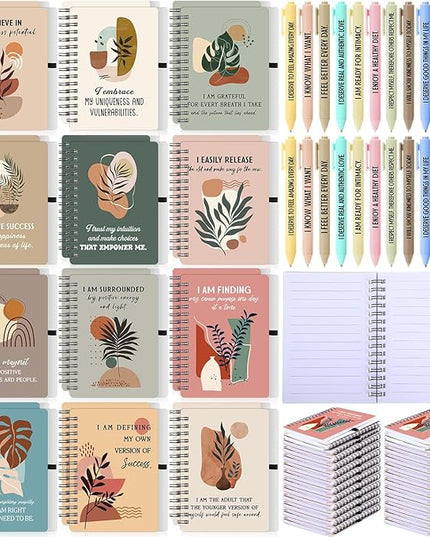 Kosiz 48 Pcs/24 Set Positive Affirmation Gifts Gratitude Spiral Notebooks with Pens Motivational Encouragement Notepads Daily Affirmations Journal for Women Valentine Galentine Gifts (Plant)