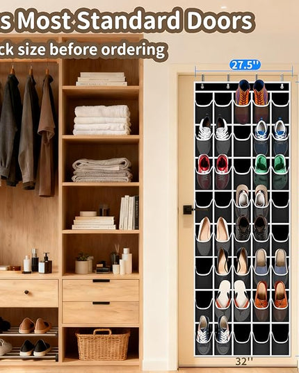Over the Door Shoe Organizer with 40 Large Pockets, Multi-Purpose Storage for Shoe and Accessories, Durable Fabric with Adjustable Hooks for Home Closet Bedroom Entryway-Black