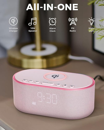 Wireless Charging Alarm Clock Radio: Qi Certified Fast Wireless Charger for iPhone Samsung - 10W Stereo Bluetooth Speaker - Dimmable Digital Clock with FM Radio for Bedroom Pink