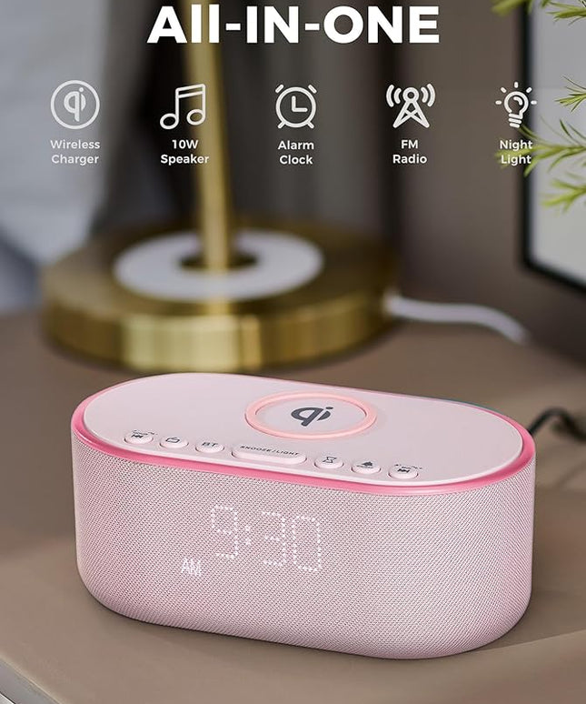 Wireless Charging Alarm Clock Radio: Qi Certified Fast Wireless Charger for iPhone Samsung - 10W Stereo Bluetooth Speaker - Dimmable Digital Clock with FM Radio for Bedroom Pink