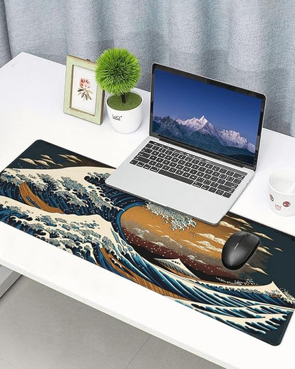 Big Japanese Wave Gaming Mouse Pad XL, Large Non Slip Rubber Mousepad, Stitched Edges Mouse Pads, Long Extended Mouse Pad,31.5'' X 11.8''