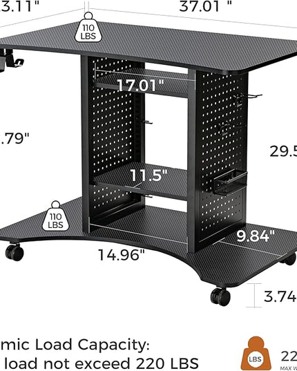 EUREKA ERGONOMIC Gaming Desk Computer, 37" Rolling Desk on Wheels for Small Space, Mobile Computer Cart with Pegboards Adjustable Shelves for Gaming PS Switch Home Office - Black