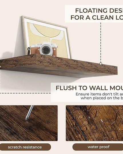 RICHFOCUS 24Inch Floating Shelves for Wall 2 Pack Shelves for Bedroom|Kitchen|Bathroom Wall Mounted Rustic Wood Floating Shelf with Invisible Brackets for Books|Storage|Decor, Rustic Brown