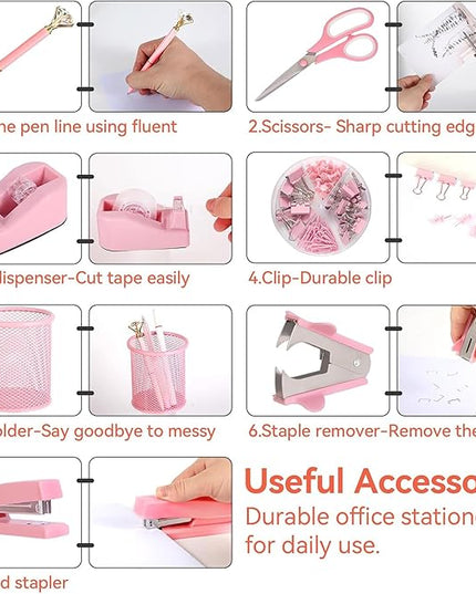 Pink Desk Accessories, Pink Office Supplies Set with Stapler, Tape Dispenser, Staple Remover, Pen Holder, Scissor, Binder/Paper Clips, Ballpoint Pen, Clear Tape and 1000pcs Staples
