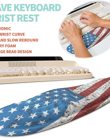 2-in-1 Ergonomic Set, Wave Rise Keyboard Wrist Rest and Massage Bulge Slope Mouse Pad Wrist Support, Cushion Memory Foam Integrated to Relieve Wrist Pain, American Flag