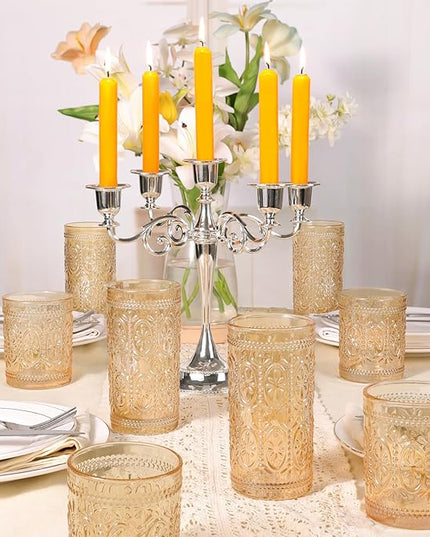 Amber Glassware set of 4, Vintage Drinking Glasses, 10oz Heavy Duty Glass Cups, Colored Glassware Set, Embossed Glasses Set for Party Wedding Home Office Gift