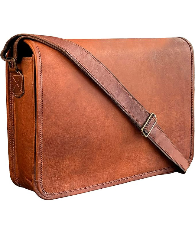 RUSTIC TOWN 14" Leather Messenger Bag for Men & Women – Full Grain Vintage Crossbody Satchel – Fits 13.3"/14" Laptop – Ideal Briefcase for Work, Travel & College – Adjustable Shoulder Strap