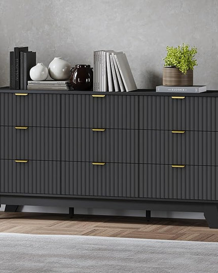 BORNOON Fluted 9 Drawer Dresser, 57.1" Wide Modern Boho Chest of Drawers, Wooden Storage Dresser TV Stand for Bedroom, Living Room, Closet, Hallway, Curved Profile Design
