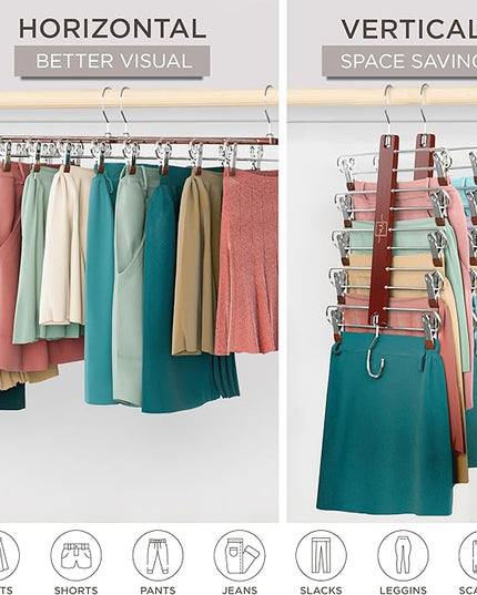MORALVE Skirt Hangers Space Saving with Clips - 2 Pack - European Beechwood 5-Tier Hanger for Shorts, Skirts, and Pants - Closet Organizer and Storage Solution for Women with 360° Swivel Hook