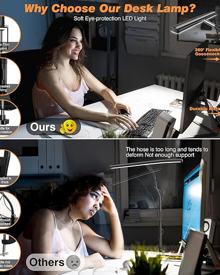 LED Desk Lamp for Office Home, Eye-Caring Desk Light with Stepless Dimming Adjustable Flexible Gooseneck, 10W USB Adapter Desk Lamp with Clamp for Reading, Study, Workbench (Black)