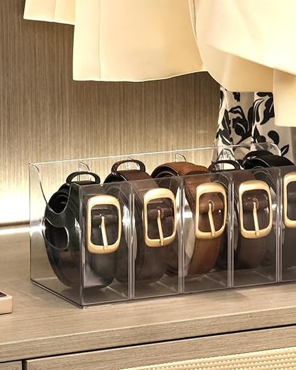 Belt Organizer - Clear Stackable Belt holder for Closet and Drawer Storage - 5 Compartments with Removable Dividers, Multi-Purpose Display Bins With Inserts For Ties, Socks, underwear (1)