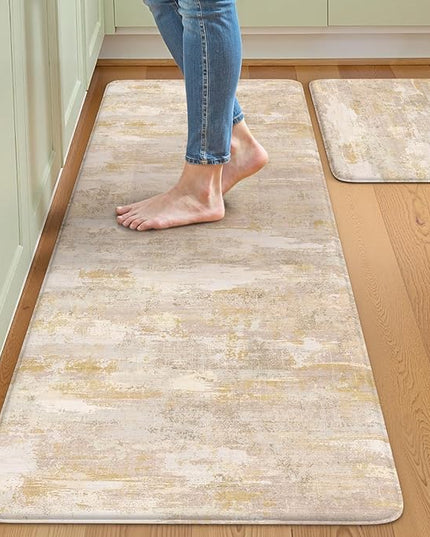 Collive Anti Fatigue Mats for Kitchen Floor, Abstrac Non Slip Kitchen Rugs Sets of 2 Cushioned Modern Desk Mat, Waterproof Comfort Standing Mat for Sink, Home Decor, 20" x 47" + 20" x 32", Beige/Cream
