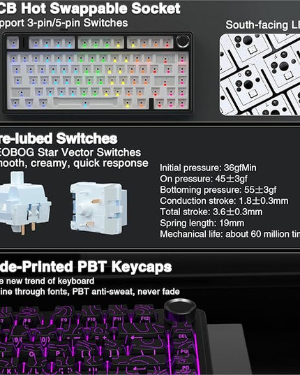 AULA F75 Pro Wireless Mechanical Keyboard with Knob,75% Hot Swappable Custom Gaming Keyboards,RGB Backlit,Pre-lubed Switches,Side Printed PBT Keycaps Creamy Sounding Computer Keyboard, Line Black