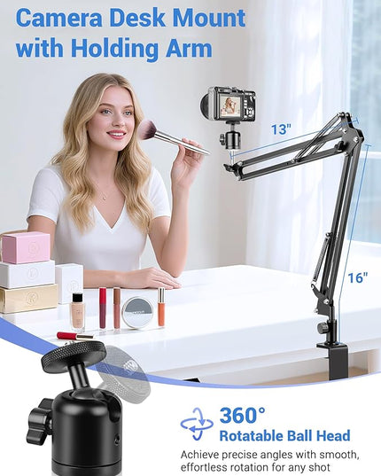 Overhead Camera Mount, Desk Camera Mount with 360° Adjustable Arm and Phone Holder for DSLR Cameras/iPhone/Webcam/Ring Light, Desk Phone Stand for Video Recording,Zoom Meeting,YouTube,TikTok