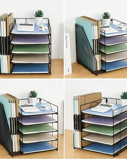 LEKETREE Desk Organizers and Accessories, 5-Tier Paper Letter Tray Organizer with File Holder, Desktop Organizer for Office Supplies (Black)