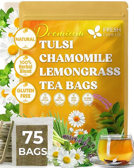FreshDrinkUS, Premium 75 Tea Bags Tulsi Chamomile Lemongrass Herbal Tea | Blend with Holy Basil, Chamomile Flowers & Lemongrass Leaves – Naturally Caffeine-Free, Soothing Herbal Infusion. Vegan