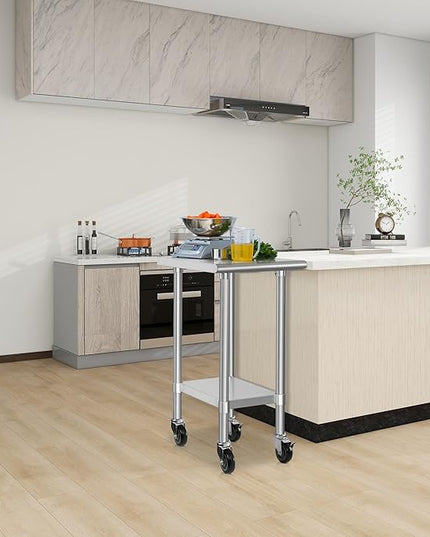 HARDURA Stainless Steel Commercial Table Prep & Work Table with Casters Heavy Duty Metal Table with Wheels NSF 430 24×18 Inches