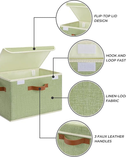 GRANNY SAYS Fabric Storage Bins with Lids, Decorative Storage Boxes with PU Handles, Keepsake Memory box, Shelf Baskets for Closet, Sage Green, Large, 2-Pack